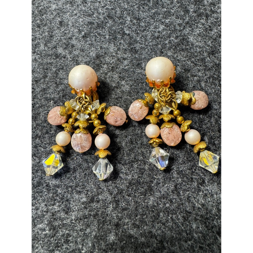 Vintage Pink Crackle Glass Faux Pearl Crystal Chandelier‎ Clip On Earrings Gold